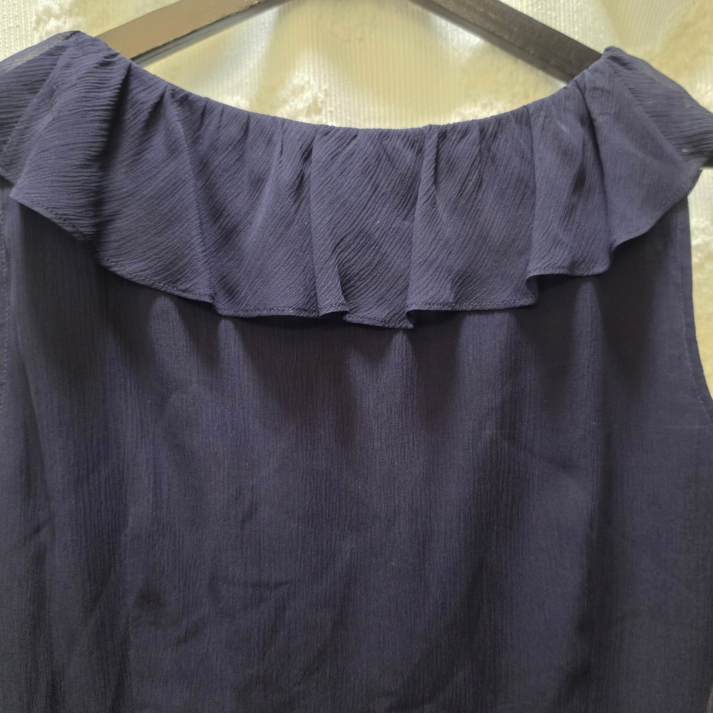 St John Navy Blue Ruffle Front Silk Chiffon Sleeveless Blouse Top Large - Picture 7 of 7